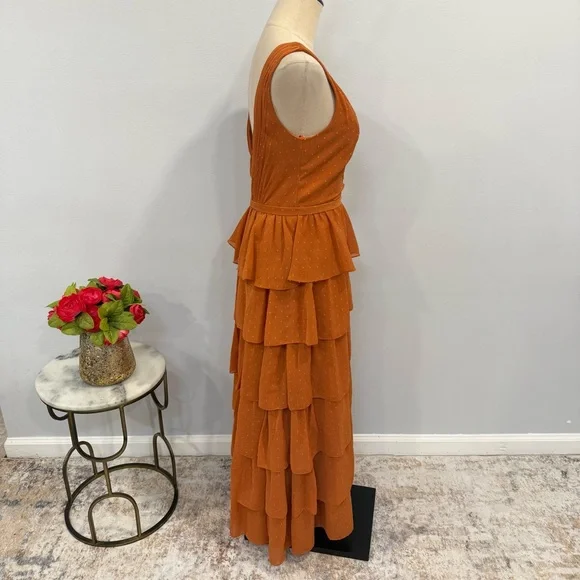 leena For Mac Duggal Burnt Orange Polka Dot Ruffle Tiered Maxi Gown - Reemoly
